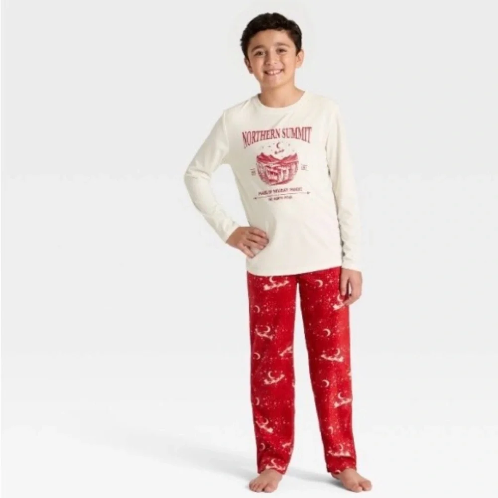 NWT Cat & Jack Boys 2pc Long-Sleeve Pajama Set- Cream and Red XL(14)